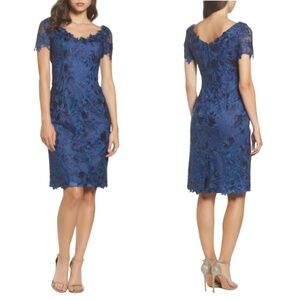 NWT La Femme 25522 Lace Sheath Midi Dress in Navy Sz. 16